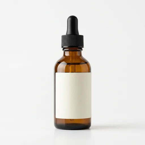 Amber glass dropper bottle with a black ribbed cap