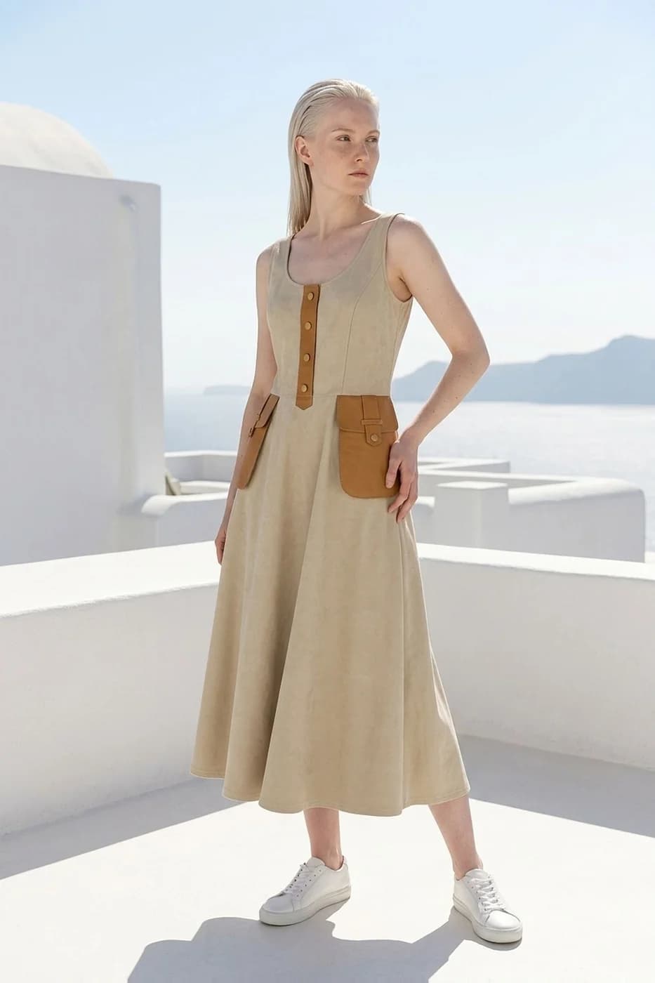 The same dress worn by a studio model on a sunlit terrace