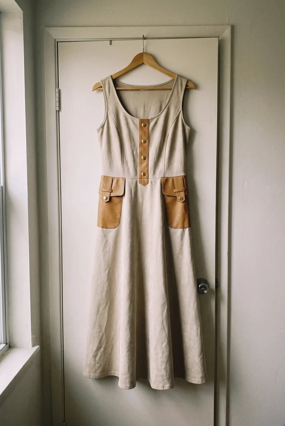 A beige suede midi dress on a wooden hanger, a casual phone photo at home