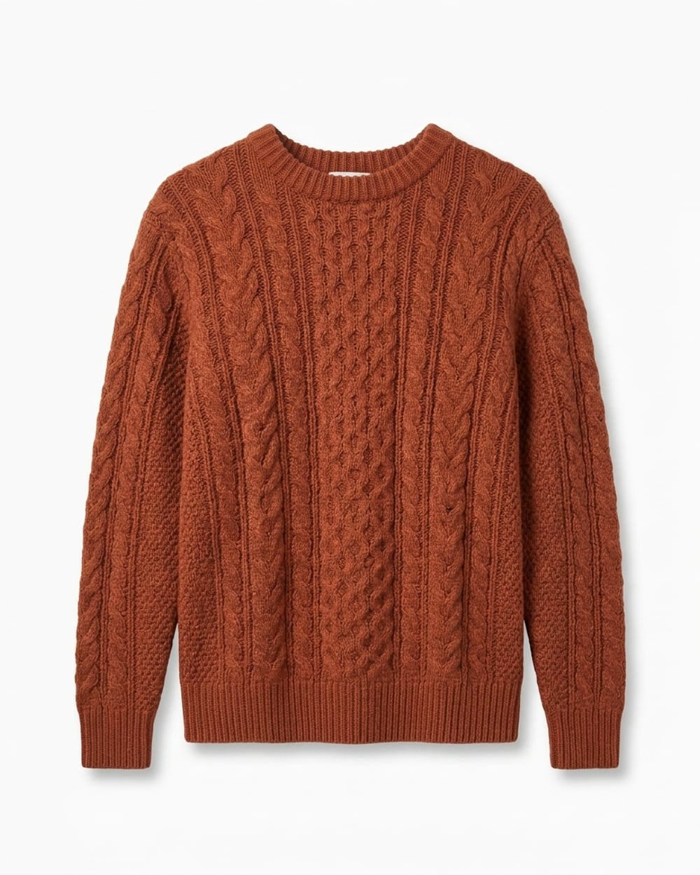 A rust cable-knit sweater on a clean white background